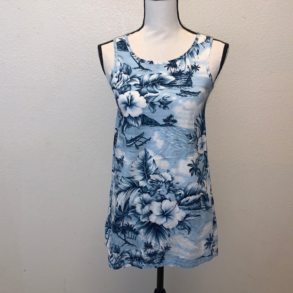 Bishop St vintage blue nautical Hawaiian floral sleeveless dress